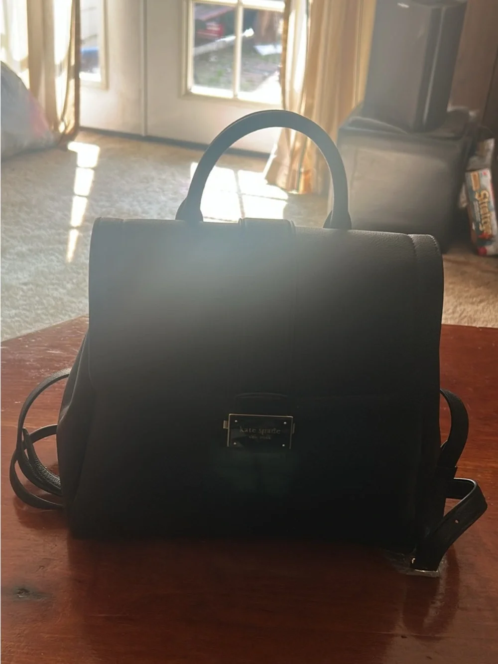 kate spade Black Pebbled Leather Messenger Bag with Gold Plaque